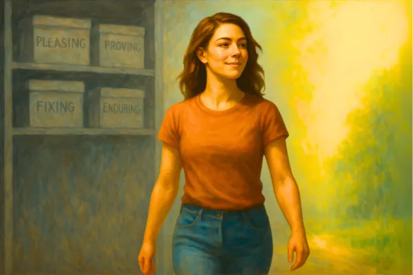 A woman steps away from a dimly lit wall of fading symbols and stacked boxes behind her, representing old strategies. She walks forward into warm, natural light with a calm, self-assured expression—shoulders back, eyes forward. Her posture says: I’m not surviving anymore. I’m choosing. The shift is clear.