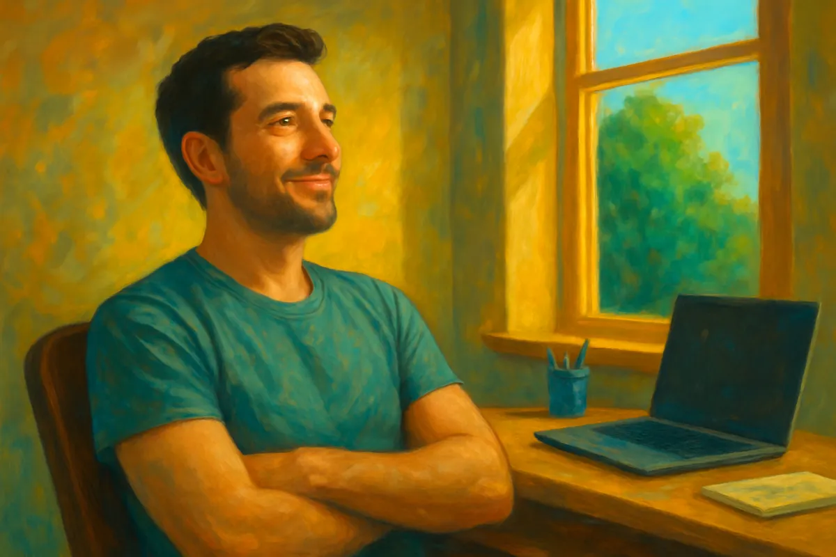 A peaceful man sits at his desk, leaning back slightly and looking out the window with a quiet smile, surrounded by soft natural light.