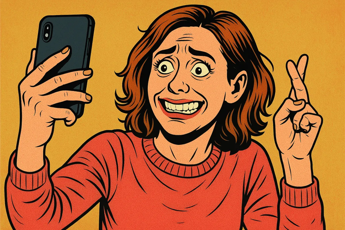 A colorful comic-style illustration of a young woman with shoulder-length brown hair, wearing a red sweater, holding a smartphone up for a selfie while nervously crossing her fingers. Her wide eyes and tight smile show anxious anticipation.