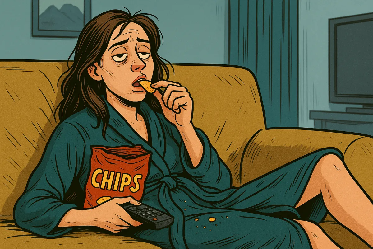 A comic-style digital illustration of a burned-out woman lounging on a couch in a teal robe, eating chips. She looks emotionally drained, with crumbs on her robe and a blank stare, surrounded by signs of apathy and exhaustion.