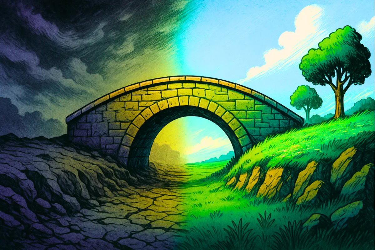 Illustration of a stone bridge dividing two worlds — on the left, a barren, cracked landscape under dark stormy skies; on the right, a vibrant green hillside with trees and blue skies. The bridge symbolizes crossing from struggle to neutrality, balance, and flourishing.