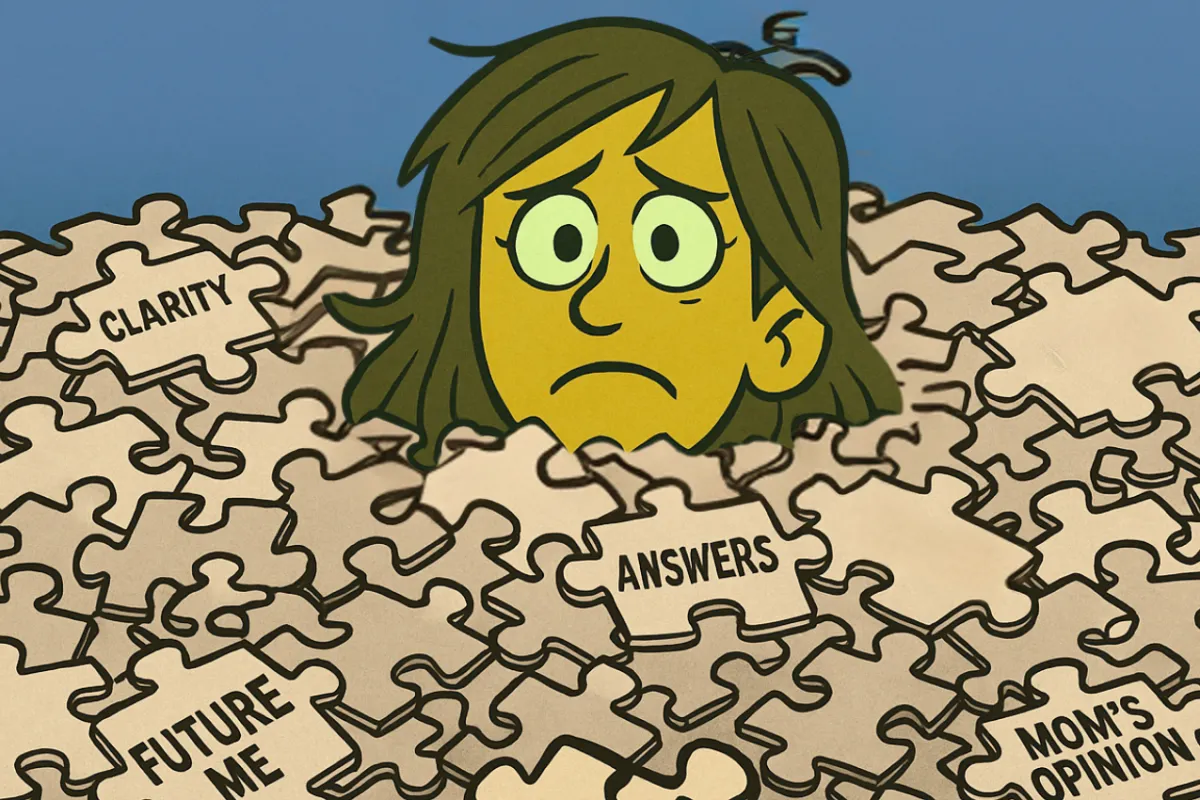 A cartoon-style digital illustration of a stressed woman buried up to her eyes in a chaotic pile of puzzle pieces. Her wide, overwhelmed eyes peek out from the center of the mound, with scattered pieces labeled things like “Clarity,” “Purpose,” and “Answers.” The art style is bold, flat, and expressive—matching the tone of emotional intensity and inner conflict.