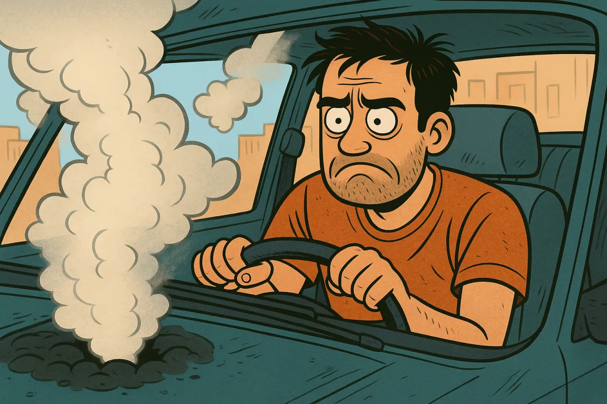 A cartoon-style illustration of a frustrated man gripping the steering wheel of a beat-up car, smoke rising from under the hood and drifting across the windshield, capturing the feeling of being stuck in a failing old vehicle.