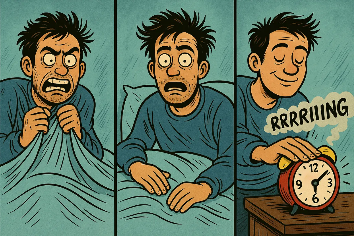 A comic-style three-panel illustration of a person in bed with a loud alarm clock reading 6:00 AM. In the first panel, they look shocked and disheveled. In the second, they look frazzled and annoyed. In the third, they calmly and confidently reach over to turn the clock off, showing growth in their response.