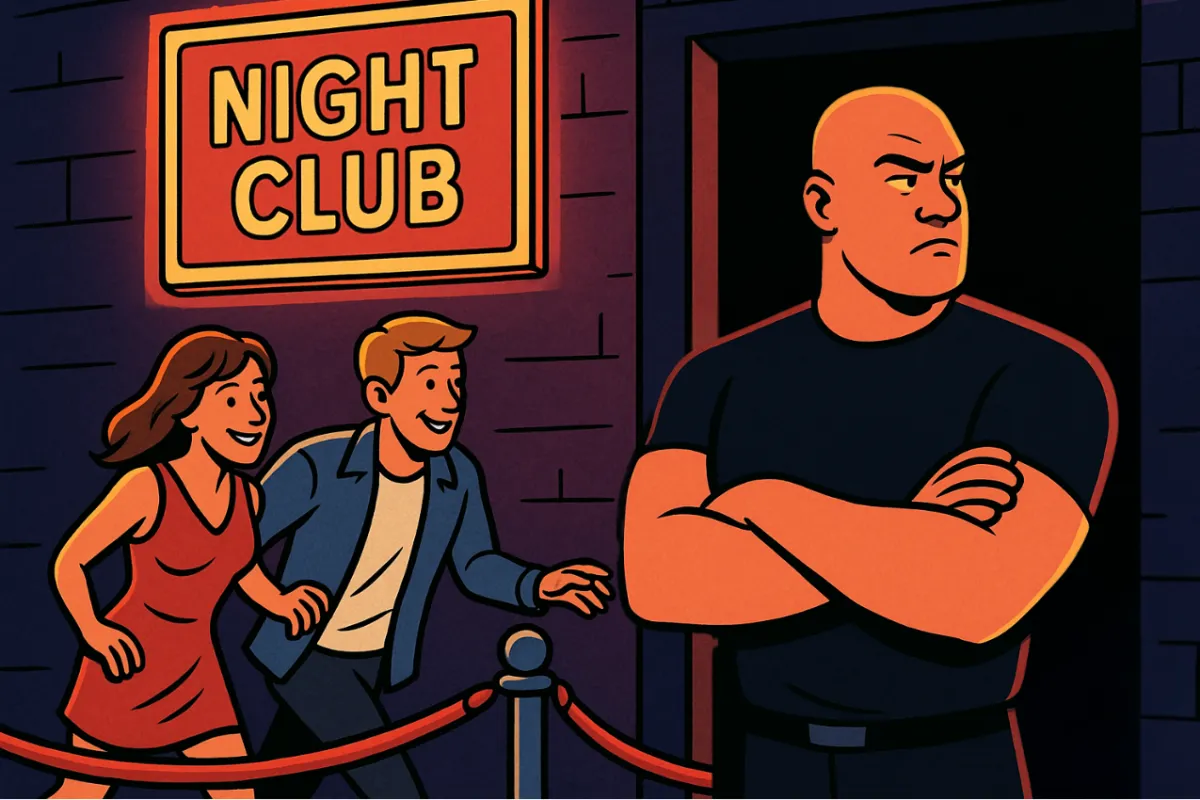 Cartoon-style illustration of a stern nightclub bouncer standing with arms crossed beside the entrance, looking away, while a smiling couple in nightclub attire sneak in behind him.