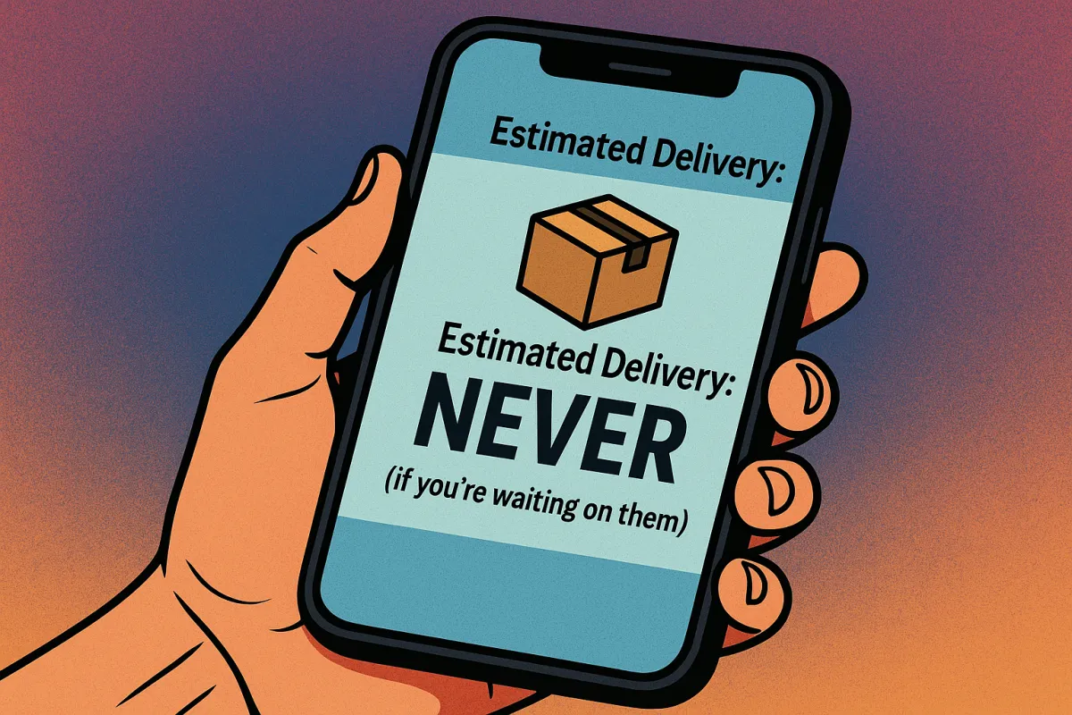 A comic-style illustration of a hand holding a smartphone. On the phone screen, a fake delivery app shows a package icon with the message: “Estimated Delivery: NEVER (if you’re waiting on them).” The background has a warm gradient of orange, purple, and blue, giving the image a bold, graphic novel feel.