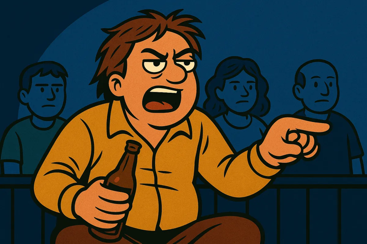 Comic-style illustration of a drunk man heckling at a comedy club with a beer bottle, while the audience behind him looks unimpressed.