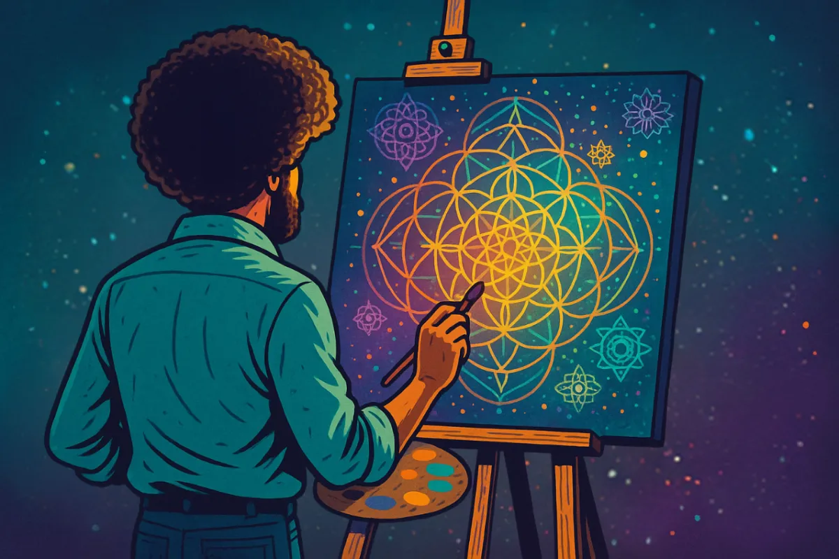 Digital illustration of a man with a Bob Ross–style afro, seen from behind, painting glowing sacred geometry on a canvas. The artwork is colorful, surreal, and cosmic, with fractal patterns radiating from the painting