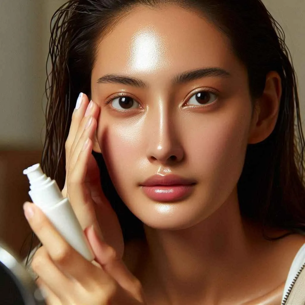 A woman applying moisturizer to her face as part of her daily skin care routine, surrounded by various skin care products from My Skin St Pete