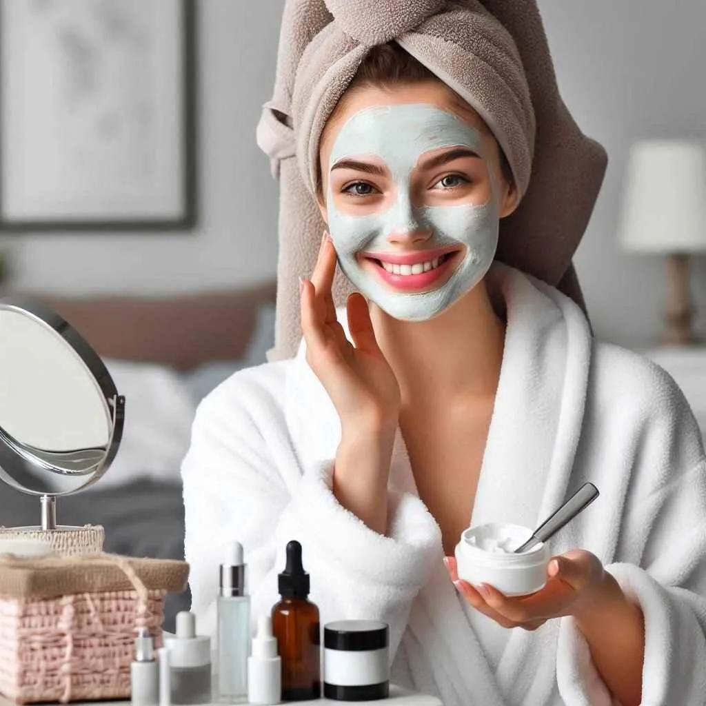 A woman with a facial mask on, surrounded by skincare products, including cleansers, serums, and moisturizers, showcasing her skincare routine.