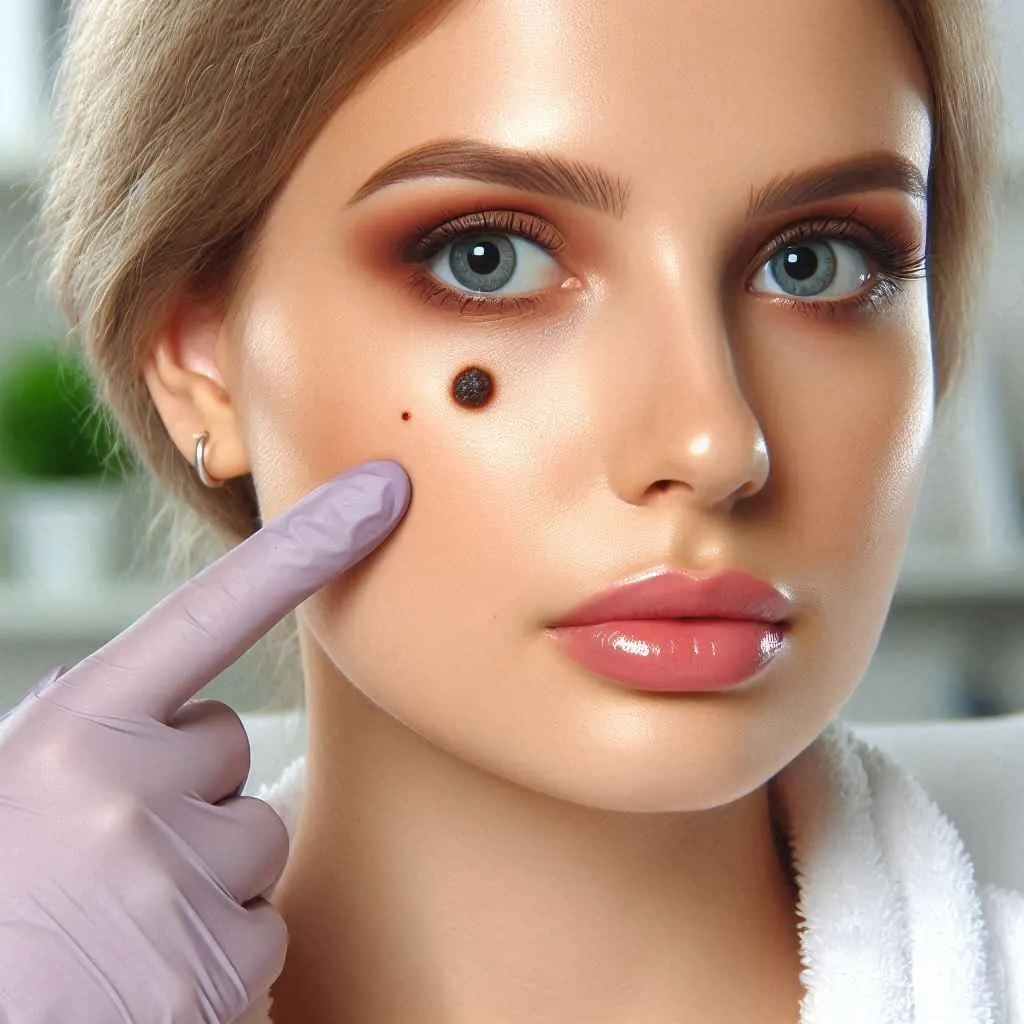 A woman with a prominent dark mole on her right cheek, looking thoughtfully to the side, emphasizing the potential need for professional mole removal services at MySkin St Pete
