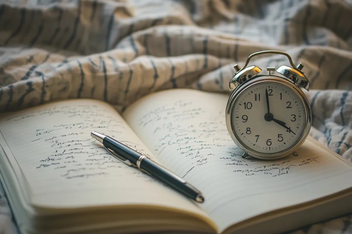 Book with pen and alarm clock