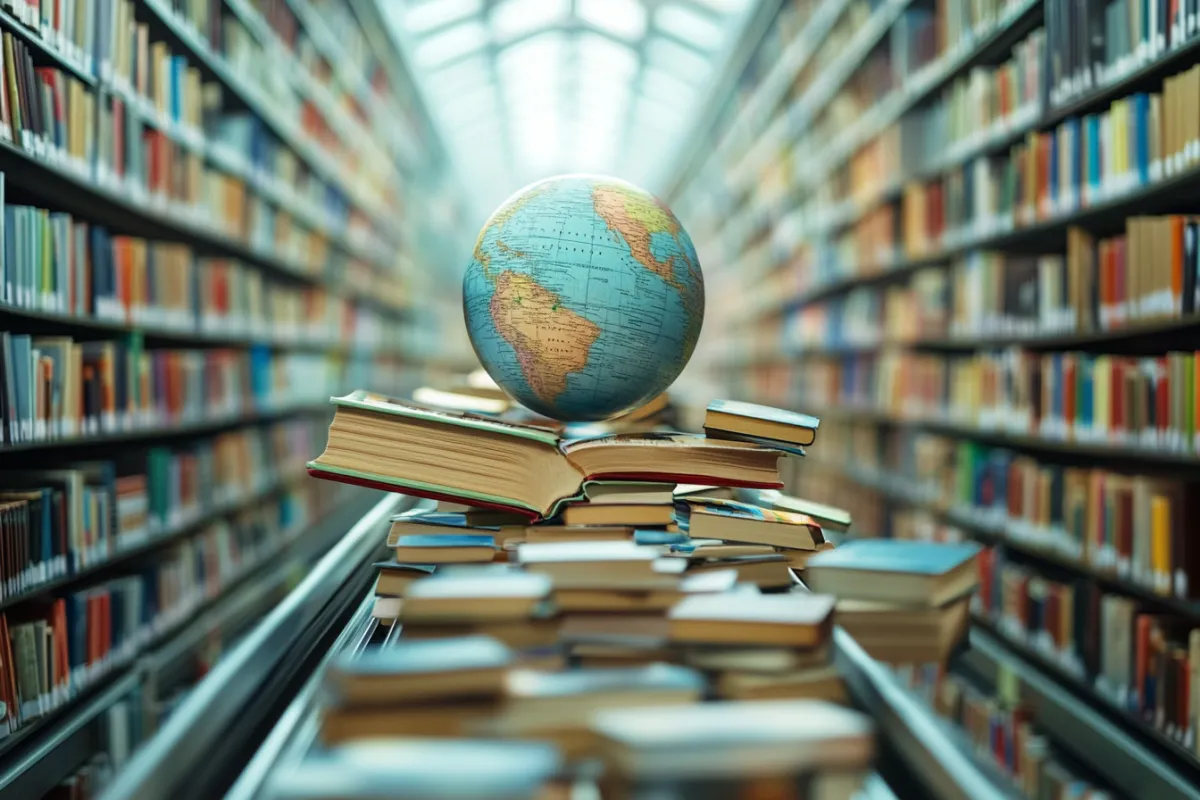 Globe on top of book stacks