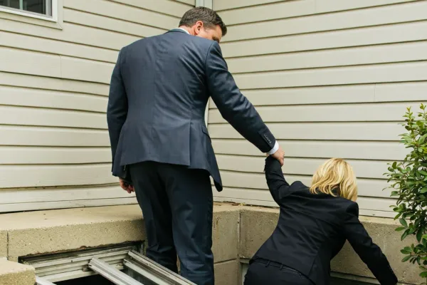 Yvonne being lowered by Randy into basement window