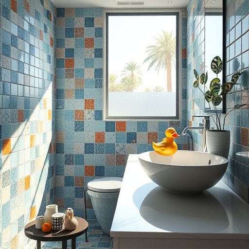 A vibrant blog cover image depicting an “Open Concept Bathroom Layout.” The scene features a spacious, luxurious bathroom with a centrally placed freestanding bathtub surrounded by lush greenery visible through wide-open glass doors leading to a serene outdoor area. The flooring combines soft gray and creamy white tiles, contributing to the airy feel of the space. Chic minimalistic fixtures, including a sleek rain shower head and modern floating vanities with natural wood accents, emphasize harmony and sophistication. Soft, diffused light enters through large windows, casting a warm glow that creates a calm atmosphere. A whimsical element is introduced with a tiny rubber ducky on the bathtub's edge and a colorful stack of plush towels in the corner, conveying a cozy, lived-in vibe. The background features hints of vibrant plants in planters, further enhancing freshness, while the overall artistic style focuses on realism with a soothing color palette of soft pastels and earthy tones, perfectly capturing a tranquil, inviting mood.