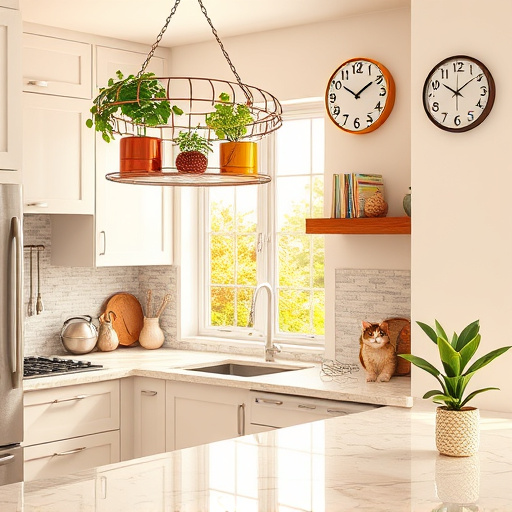 A captivating kitchen design in a 4m x 5m space featuring vibrant, swirling patterns inspired by Aboriginal art, blending modern comfort with traditional craftsmanship. The cabinetry showcases intricate dot paintings in warm earth tones of rich reds, deep ochres, and vibrant greens, creating a playful and harmonious mood. A central island acts as a colorful canvas, with a mosaic surface depicting stylized native flora, merging functionality with artistic expression. Softly patterned tiles form the backdrop, while abstract shapes and curves on the walls celebrate Indigenous storytelling through design. Quirky appliances, like a refrigerator resembling a turtle shell and a kettle shaped like a kookaburra, add humor and functionality. Soft lighting, with pendant lights resembling hanging gum leaves, casts gentle shadows in the cozy, sunlit atmosphere. Large windows framed by sheer curtains allow natural light to enhance the rich colors and textures, while indoor plants styled in traditional Aboriginal patterns breathe life into the space, completing this imaginative kitchen design that harmonizes cultural depth with contemporary living.