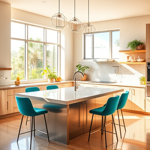 Alt text: A sleek, modern kitchen featuring 500mm wide Bauhaus-style cabinets in deep teal and warm mustard yellow, set in a minimalist space with geometric shapes and clean lines. The design includes rounded abstract handles and whimsical shelf decorations, such as colorful ceramic pots filled with vibrant herbs and small succulents. The background showcases a smooth countertop and understated appliances, with soft light filtering through a large window, enhancing the bold colors and creating a warm, inviting atmosphere ideal for cooking and entertaining.