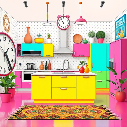 A hyperrealistic modern kitchen featuring sleek wooden cabinetry, glossy white countertops reflecting soft overhead lighting, and a vibrant herb garden on the windowsill with uniquely shaped pots. The artistic patterned backsplash enhances the playful yet professional atmosphere. A retro-style mixer sits in one corner, surrounded by colorful mismatched kitchen utensils, creating a lively cooking vibe. The background showcases an open space filled with natural light from large windows that reveal a tranquil garden. A whimsical wall clock shaped like a chef’s hat complements the cheerful ambiance, while a collection of vintage recipe books adds character. The color palette harmonizes soft pastels with bold accents, reflecting warmth and excitement, ideal for a blog cover image that highlights stylish and functional kitchen design.