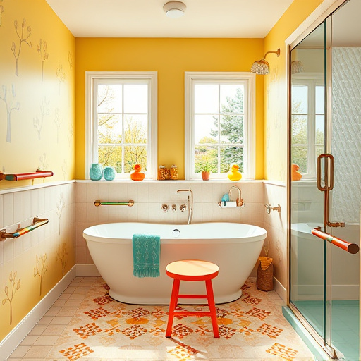 Alt Text: A beautifully crafted kitchen emphasizing inclusivity and accessibility for mobility aid users, featuring elegant cabinetry, cascading greenery from stylish plant pots, and a calm, softly lit atmosphere. The unique layout includes lowered countertops and adaptive appliances that blend functionality with grace. Playful ceramic mugs shaped like mobility aids and a floral-patterned teapot adorn the countertop. The intricate European-style tile flooring and large window bathed in natural sunlight enhance the inviting environment, complemented by sheer fluttering curtains. Soft earth tones and gentle pastels create a warm, comfortable space, illustrating the harmony of beauty and practicality in customized kitchen designs.