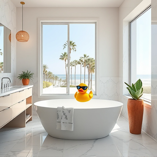 A vibrant Art Deco illustration depicting a stylized bathroom transformation scene themed around 'New Year bathroom renovation resolutions.' The image showcases an elegant bathtub adorned with intricate geometric patterns, highlighted by sleek metallic accents and bold, angular shapes characteristic of the Art Deco style. Jewel-toned tiles and luxurious gold fixtures add sophistication to the scene. Playful elements include a whimsical rubber duck modeled after a famous Art Deco sculpture and quirky bathroom accessories like vintage perfume bottles, all neatly arranged. The background features charming abstract floral motifs in soft pastel colors, enhancing the sense of renewal and elegance. The overall color palette harmonizes rich emerald greens, deep blues, and shimmering golds, creating an opulent atmosphere that invites viewers into a dreamy, transformative space, perfect for inspiring year-long renovations.