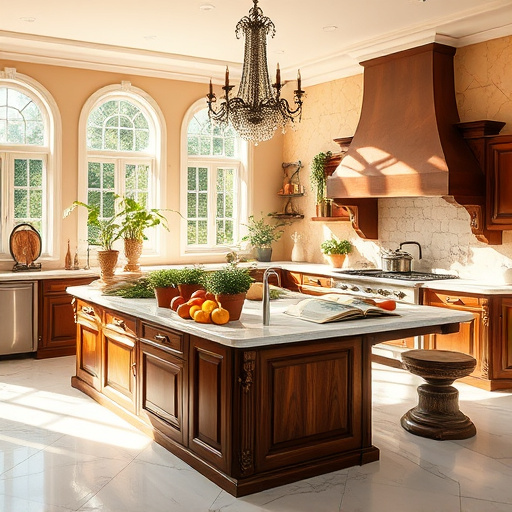 Alt text: A luxurious modern kitchen in Mission Viejo, California, showcasing sleek stainless steel appliances and expansive marble countertops. The soft earthy color palette features warm browns, muted greens, and creamy whites, illuminated by golden sunlight filtering through large windows. In the foreground, fresh herbs in stylish planters and elegant dishware add sophistication, while an intricately designed backsplash displays colorful tiles emphasizing local craftsmanship. Unique details include a surfboard-shaped fruit bowl and quirky wall art depicting local scenery, all set against a peaceful suburban garden with palm trees and a blue sky, embodying a blend of comfort and luxury in a SocialRealism art style.