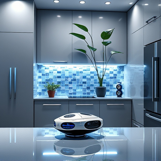 A modern kitchen designed as a serene creative space features gleaming white marble countertops and minimalist cabinetry in soft pastel hues. The oversized island displays a bowl of vibrant apples, emphasizing freshness and health. A unique light fixture resembling ethereal bubbles illuminates the area, casting soft reflections on the surfaces. Glass jars filled with herbs on the windowsill add a natural touch, while a playful retro toaster shaped like a vintage camper van introduces a nostalgic element. Expansive windows reveal a lush garden with ivy climbing the walls, connecting indoor elegance with outdoor tranquility in a backdrop of dreamy greens and blues. The scene is enveloped in rich jewel tones characteristic of the Pre-Raphaelite Brotherhood, creating an inviting atmosphere ideal for inspiring readers to enhance their culinary spaces.