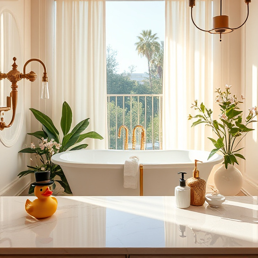 Stylish bathroom interior in a chic Newport Beach home, featuring modern remodeling with elegant fixtures and vibrant tile designs. A luxurious soaking tub is surrounded by potted tropical plants, while a sleek double vanity boasts polished marble countertops. An inviting shower with glass doors displays gently cascading water. The serene atmosphere exudes relaxation and luxury, enhanced by quirky details like a playful rubber duck beside the tub and whimsical towels hanging. Sunlight streams through large windows, illuminating the space and casting a warm glow on soft, coastal-inspired wall colors of aqua and sandy beige. The composition captures the essence of a tranquil, beautifully remodeled bathroom retreat, reflecting a transformation in home design within a Social Realism aesthetic.