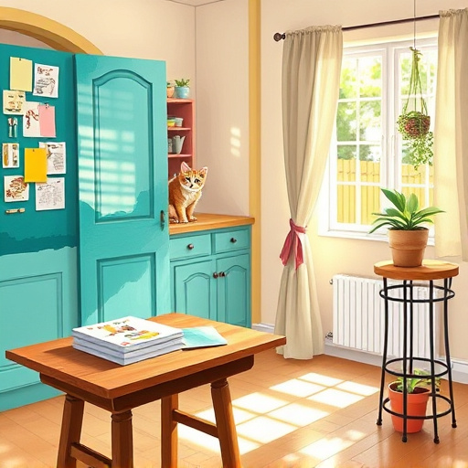 A minimalist blog cover image focused on 'bathroom renovation help' features a serene and organized bathroom space. The central element is a sleek, modern bathtub set against a wall of soft, pastel tiles, embodying tranquility. To one side, an elegantly simple vanity adorned with eclectic plants and a small vase of blooming flowers adds warmth and personality to the renovation theme. A set of color-coordinated DIY tools, including a hammer and paintbrush, is neatly arranged on a stylish tile display, subtly indicating the renovation process. The atmosphere conveys calmness and encouragement, ideal for motivating readers to start their projects. Playful accents, such as a whimsical bath mat with colorful fish and a framed inspirational quote about transformation, enhance the scene without overwhelming it. The background showcases a bright, airy space with gentle sunlight filtering through an abstract window design, highlighting a fresh, inviting color palette of soft blues, whites, and hints of coral.