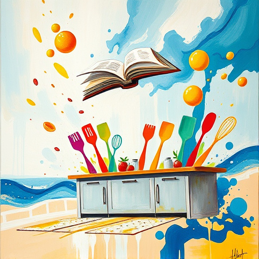 Alt text: A vibrant folk art kitchen design in Newport Beach, California, featuring whimsical colorful cabinets and eclectic decor that blend coastal and rustic elements. A large central island is adorned with fresh fruits, inlaid tile patterns, and an artisanal wood finish, surrounded by playful kitchen utensils and textured fabrics. A surfboard leans against the wall, highlighting the beach culture. Soft, natural light filters through large windows with cheerful maritime motif curtains, illuminating a tiled backsplash with intricate ocean-themed mosaics and potted herbs on the windowsill. In the background, a sandy shore is faintly visible, reflecting a sunny Southern California vibe with a palette of soft pastels, ocean blues, and vibrant yellows and greens, capturing the essence of creativity and functionality in custom kitchen design.