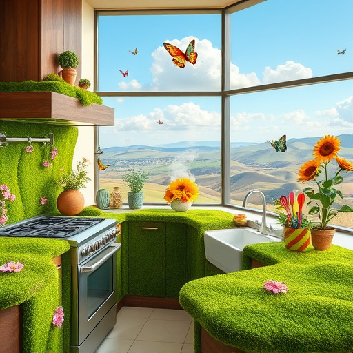 A vibrant blog cover image showcasing a stylishly remodeled kitchen, inspired by Traditional African Art. The focal point is an intricately carved kitchen island, adorned with tribal patterns, natural wood finishes, and colorful pottery accents. Surrounding the island are modern electrical fixtures, including hanging pendant lights with woven shades, merging contemporary and traditional aesthetics. The room is filled with warm earthy tones of browns and greens, complemented by bright accents of deep reds and yellows, creating an inviting and creative ambiance. In the background, a mosaic-tiled backsplash reflects light subtly, while whimsical abstract shapes resembling utensils and appliances adorn the walls, adding a quirky charm. A sunny window streams light into the space, enhancing the welcoming atmosphere. The overall composition beautifully blends traditional artistry with modern design, making it an appealing visual for a blog focused on kitchen remodeling.