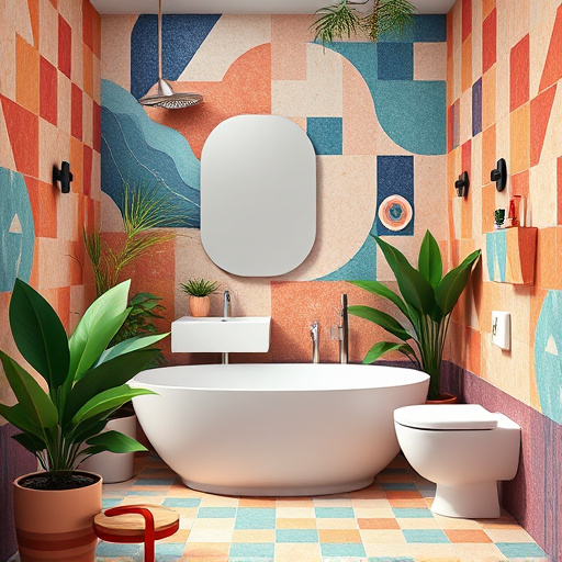 A modern commercial bathroom remodeling scene in a vivid ColorFieldPainting style, showcasing colorful abstract shapes symbolizing sleek fixtures and innovative vanities. A bright teal rectangular zone represents a polished stone sink, reflecting shimmering hints of gold. Surrounding it, soft orange and warm yellow hues suggest vibrant tiles and stylish mosaics, creating a professional yet inviting atmosphere. Oversized potted plants with exaggerated leaves are placed in the corners, alongside whimsical lighting fixtures resembling oversized water droplets casting gentle shadows. The background features abstract representations of modern bathroom accessories like towel racks and mirrors, depicted through layered, translucent colors. The composition, rich in cool blues, warm yellows, and energetic corals, embodies the transformative essence of commercial bathroom spaces with a refreshing and playful vibe, appealing to design enthusiasts.