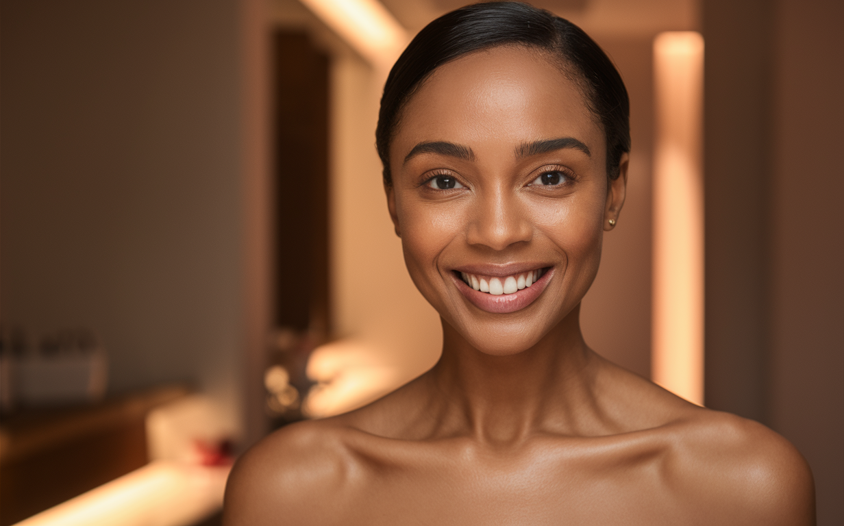 A close-up portrait of a young woman with smooth, glowing skin and a bright, radiant smile. She has dark hair styled neatly and is wearing minimal jewelry, with the focus on her natural beauty.