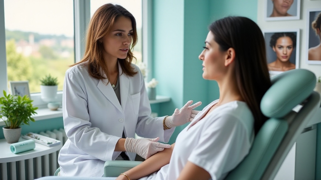 Aesthetician discussing Vi Peel treatment with a patient in a skincare clinic