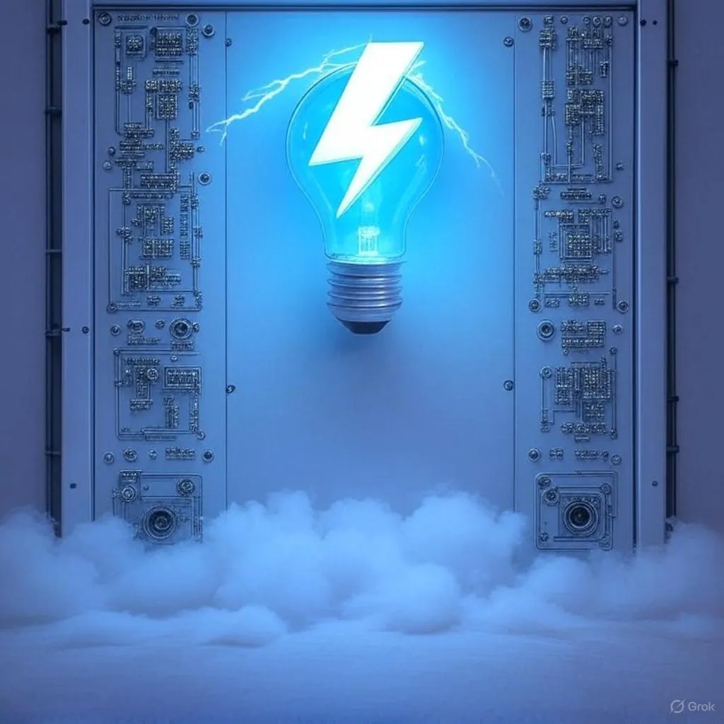 3D blue circular logo featuring a white lightning bolt in a lightbulb, with "All Day Electric" text below, against a background of silhouetted power lines and electric sparks in a stormy blue sky.