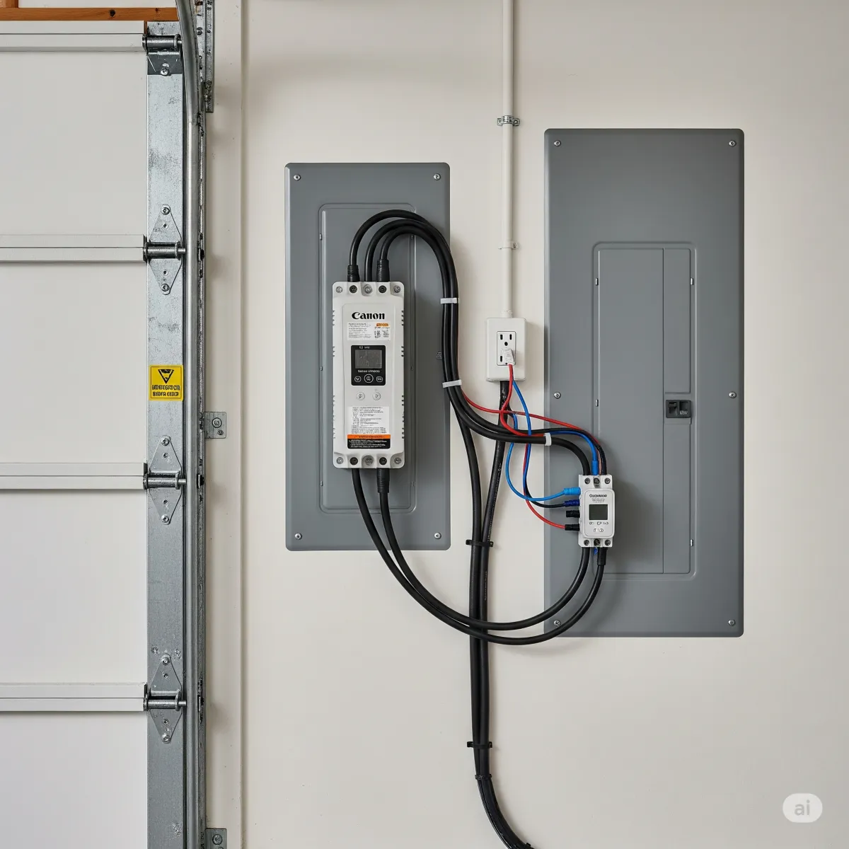 A whole-home surge protector is professionally installed next to an open electrical panel in a Sarasota home, ready to protect the home's electrical system from hurricane-related power surges.