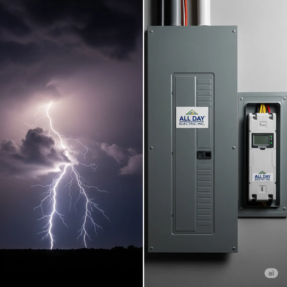 A contrast image showing a powerful lightning storm on one side and a protected electrical panel with a whole-home surge protector installed by All Day Electric Inc. on the other, illustrating protection from lightning in Sarasota.