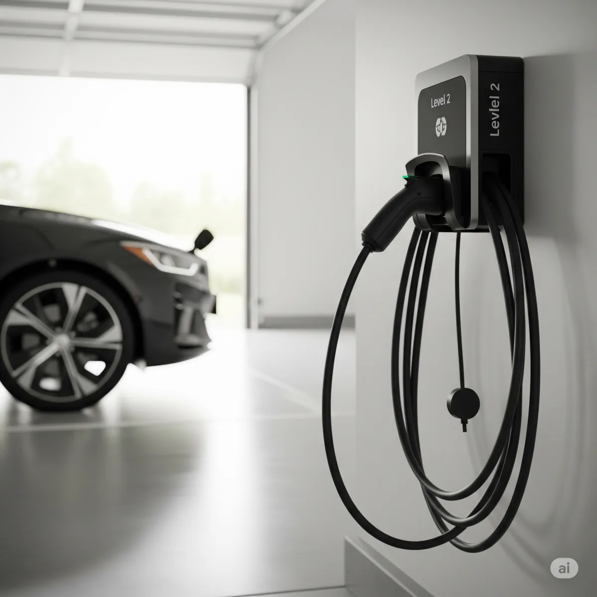 A professionally installed Level 2 EV home charging station mounted on a clean garage wall in Sarasota, ready to charge an electric vehicle.