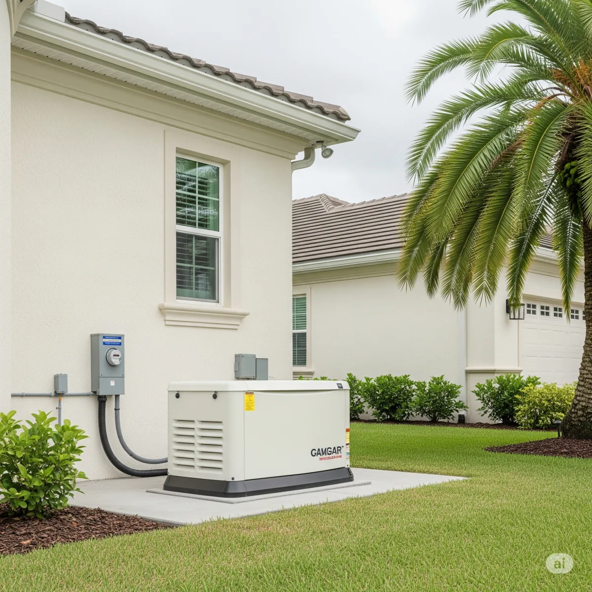 A modern standby generator professionally installed by All Day Electric Inc. next to a Sarasota home, ready to provide backup power during hurricane season and other outages.