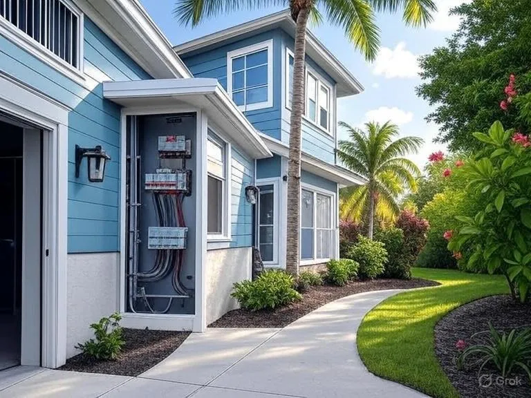 Open electrical panel on the side of a light blue Sarasota home with palm trees, lush greenery, and a sunny tropical background, showcasing upgrade essentials.