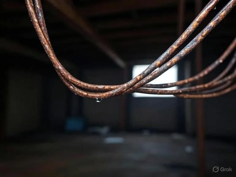 Corroded copper wires with moisture droplets and rust in a dimly lit attic setting, illustrating humidity effects in Sarasota.