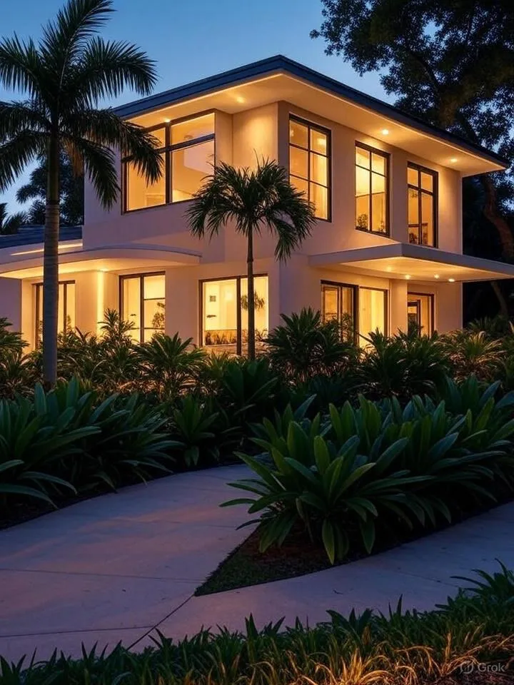 Modern Sarasota home with energy-efficient LED lights at dusk, highlighting indoor and outdoor illumination.
