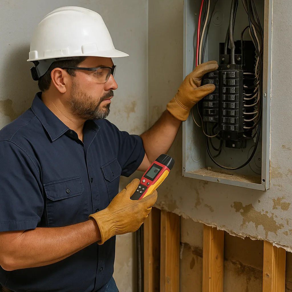 A licensed electrician in Sarasota examining a breaker box inside a flood-damaged home after a tropical storm, with visible moisture meters and safety gloves.