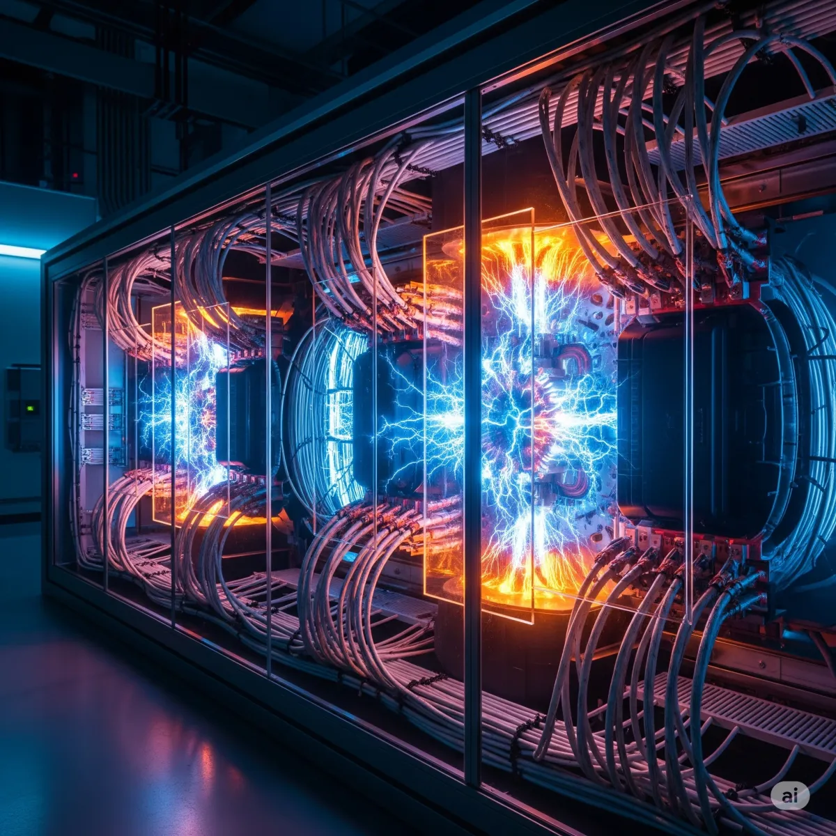 A futuristic electrical panel glowing with blue and orange energy, showing intricate wiring and contained sparks, symbolizing advanced technology, power, and safety. The image is devoid of humans or letters