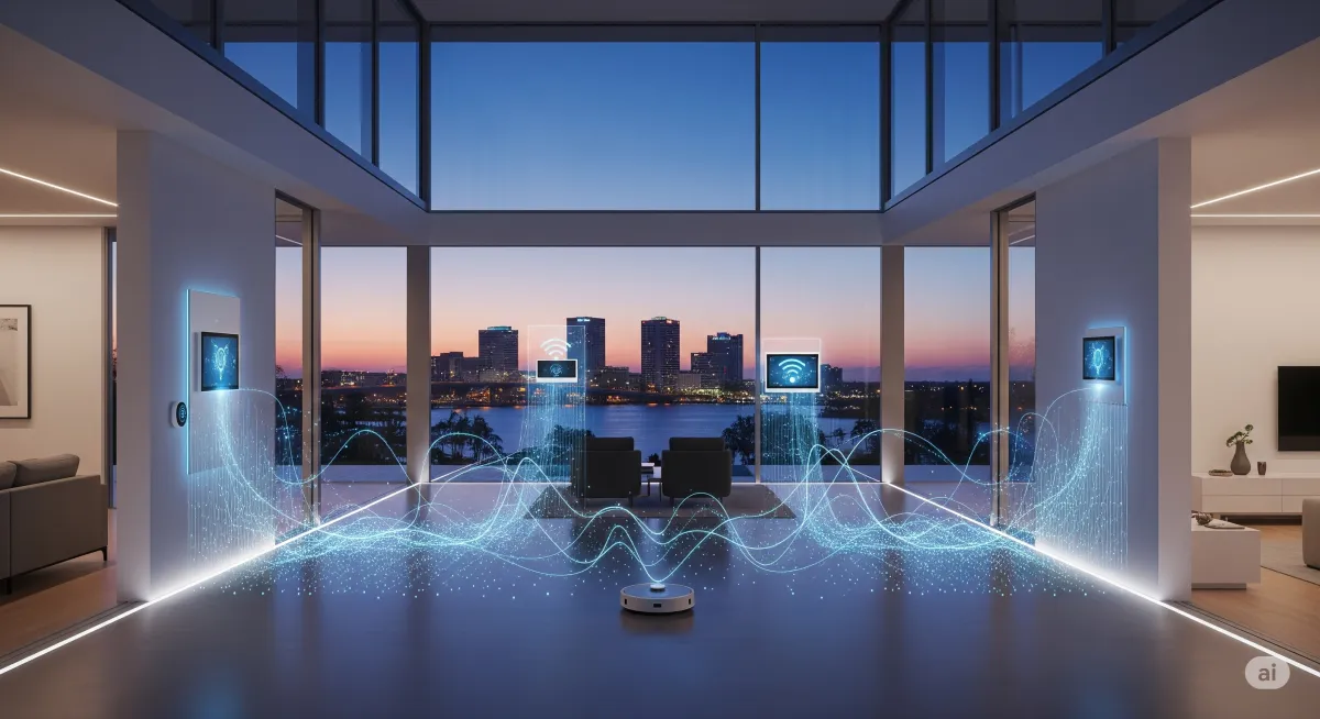 A futuristic and pristine image of a smart home in Sarasota, Florida, at twilight. The modern house glows with subtle, pulsing lines of data and technology, illustrating the interconnectedness of various smart devices. The Sarasota skyline is visible in the background through the glass walls. The scene is devoid of humans, letters, and numbers.