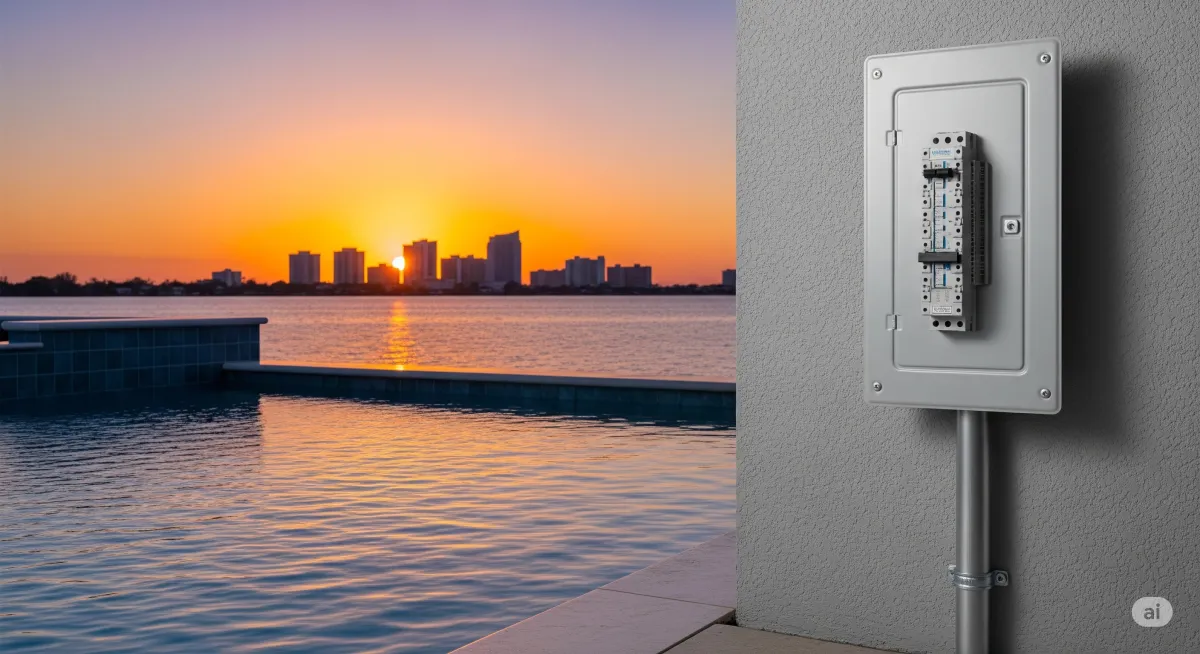 A dramatic image for a blog post about pool and spa wiring in Sarasota. The foreground shows a clean and safe electrical panel specifically for a pool and spa system. In the background, a shimmering pool and the Sarasota skyline are visible against a vibrant sunset sky. The image is devoid of humans, letters, and numbers.
