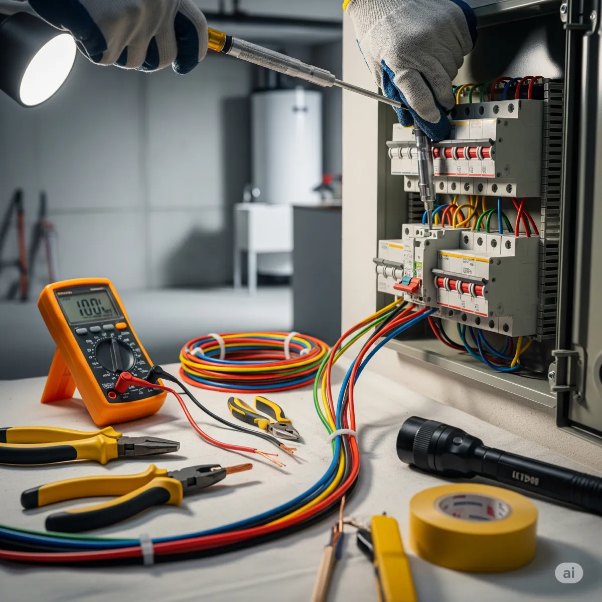 A hyperrealistic photo showing a close-up view of an electrician's tools laid out next to an open electrical panel. The image focuses on a new circuit breaker being installed, conveying professionalism and a safe, meticulous approach to electrical work.