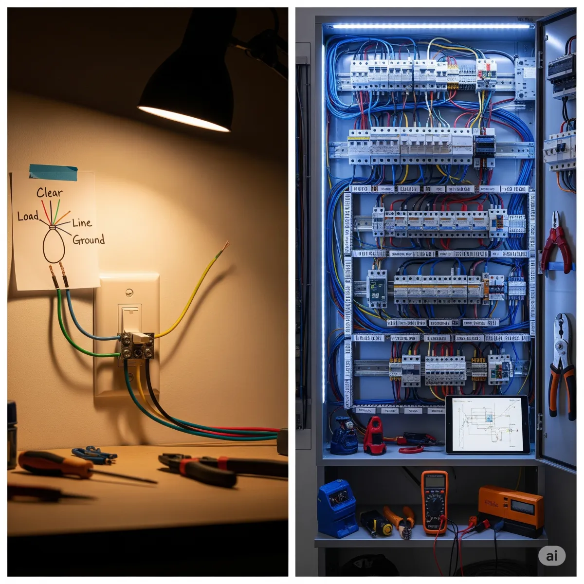 A hyperrealistic photo showing a split image that contrasts a simple electrical repair on the left with a complex one on the right. The left side shows a single light switch with a basic wiring diagram. The right side shows a modern, complex electrical panel with numerous wires and professional tools, conveying the difference in job complexity.