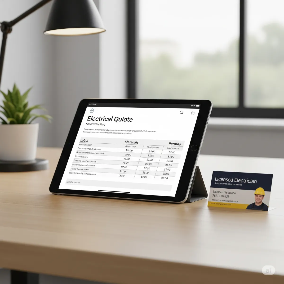 A hyperrealistic photo showing a professional electrician's business card and a tablet displaying a clear, transparent quote for electrical services on a modern desk. The scene is clean, organized, and well-lit, conveying a sense of trustworthiness and open communication about pricing.