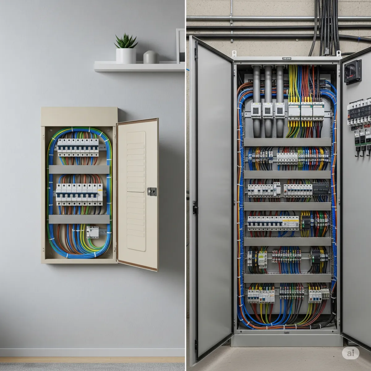 A detailed, hyperrealistic photo of a split image. On the left side, a clean residential electrical panel is shown with simple wiring in a modern home. On the right side, a large, complex, high-voltage electrical panel with intricate three-phase conduits is shown in a commercial setting. The image visually contrasts the different scales and complexities of residential and commercial electrical work.