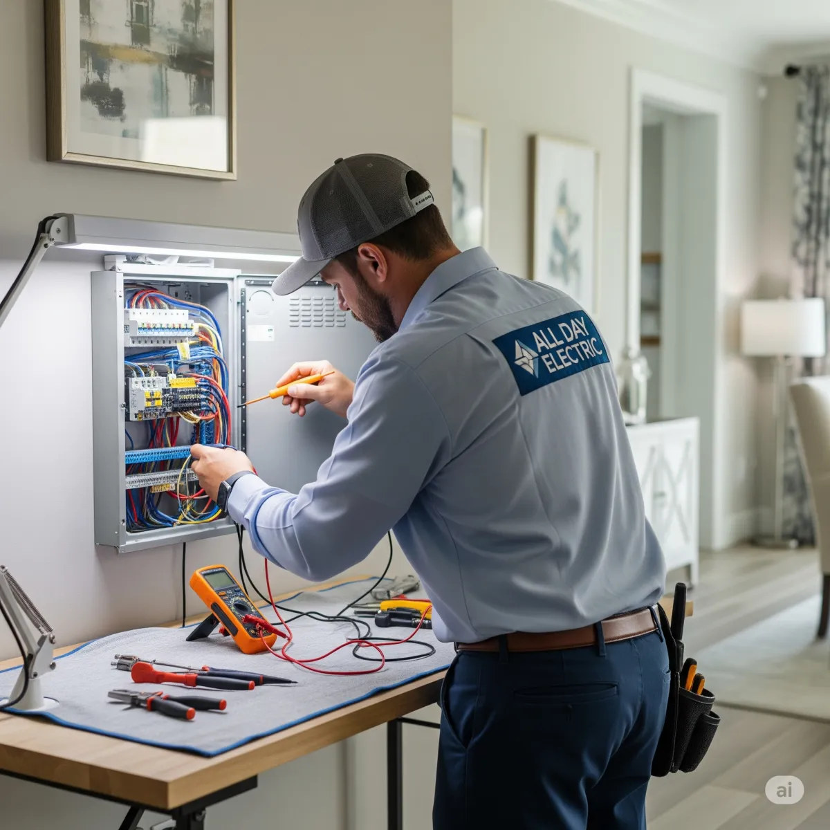 A professional, hyperrealistic photo of a licensed residential electrician in a clean uniform, meticulously working on an electrical panel. The scene is well-lit and organized, with a clear focus on the electrician's expertise, the company's branding, and the tidy workspace, conveying a sense of trust and safety.